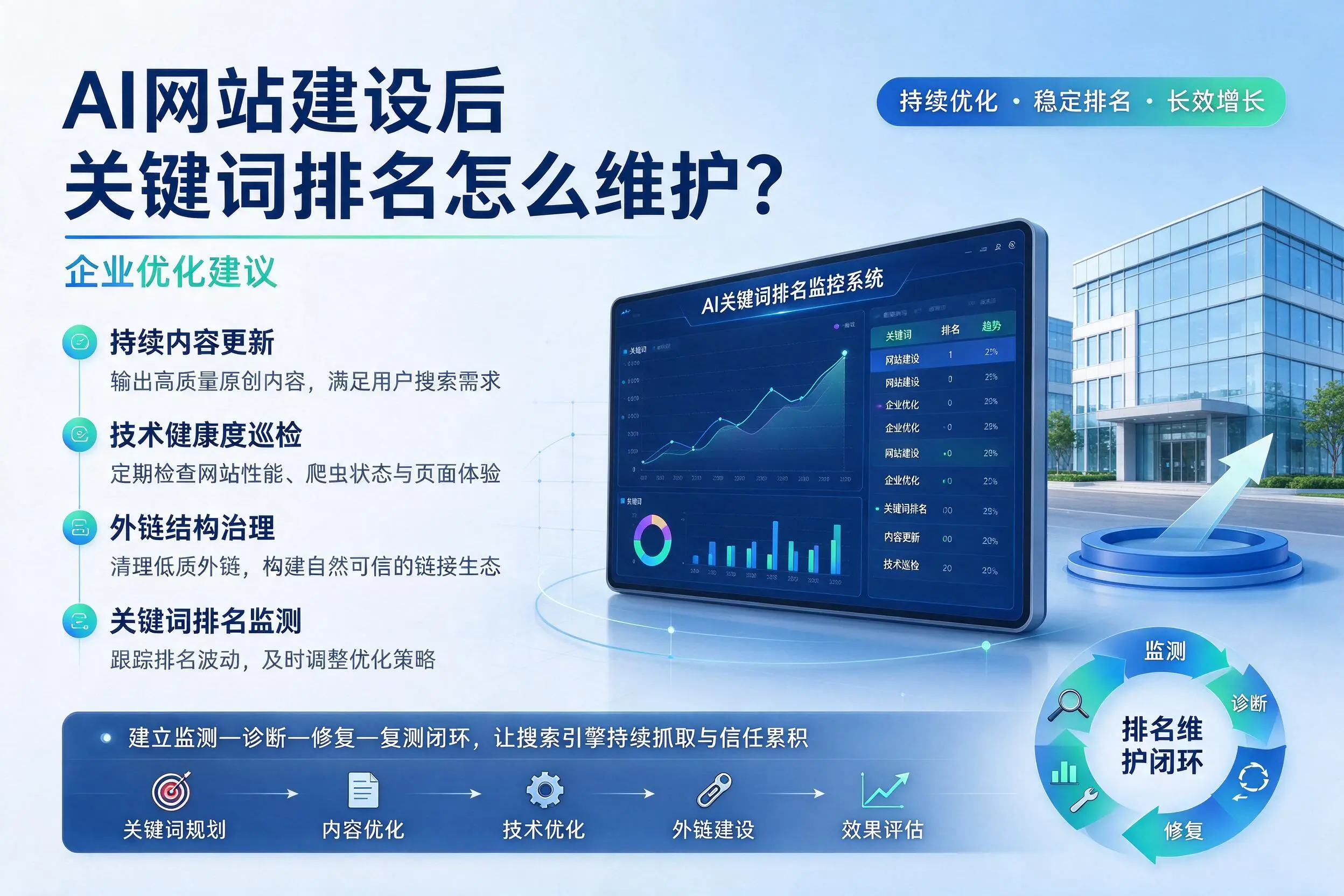 AI网站建设后关键词排名怎么维护?内江企业优化建议