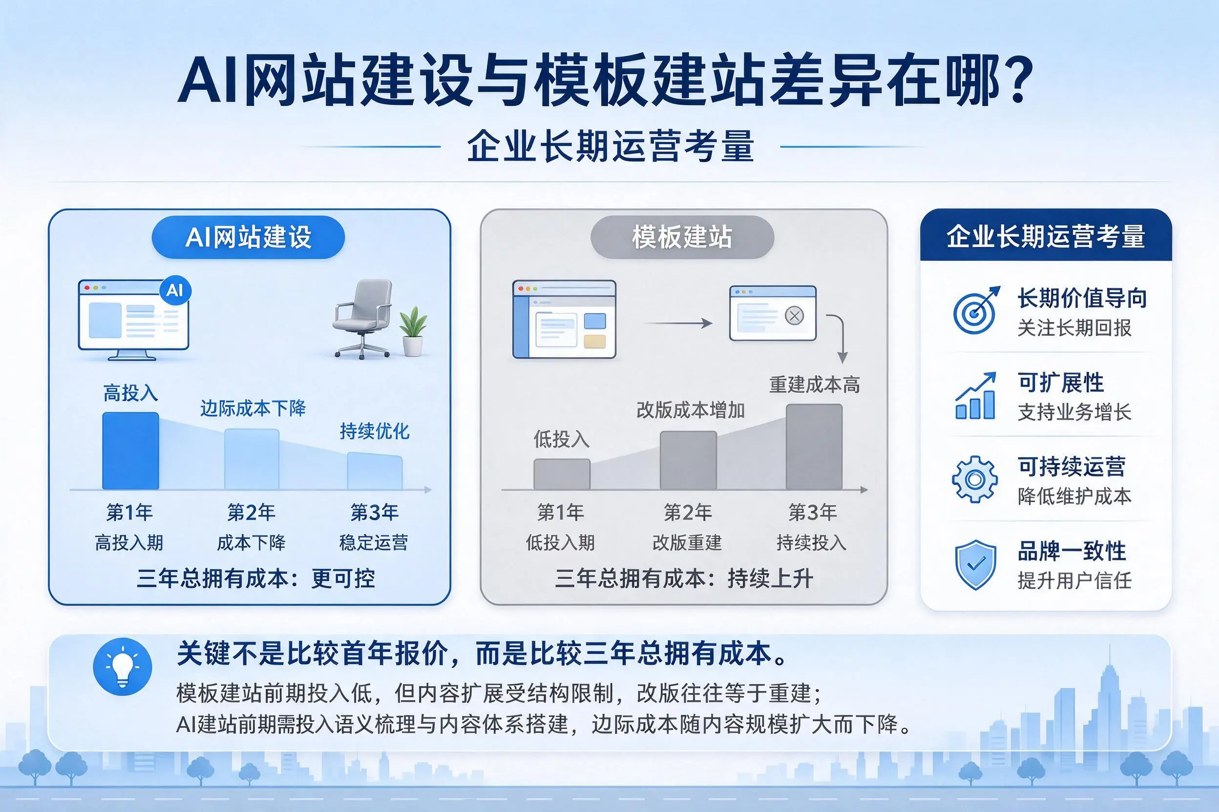 AI网站建设与模板建站差异在哪？内江企业长期运营考量