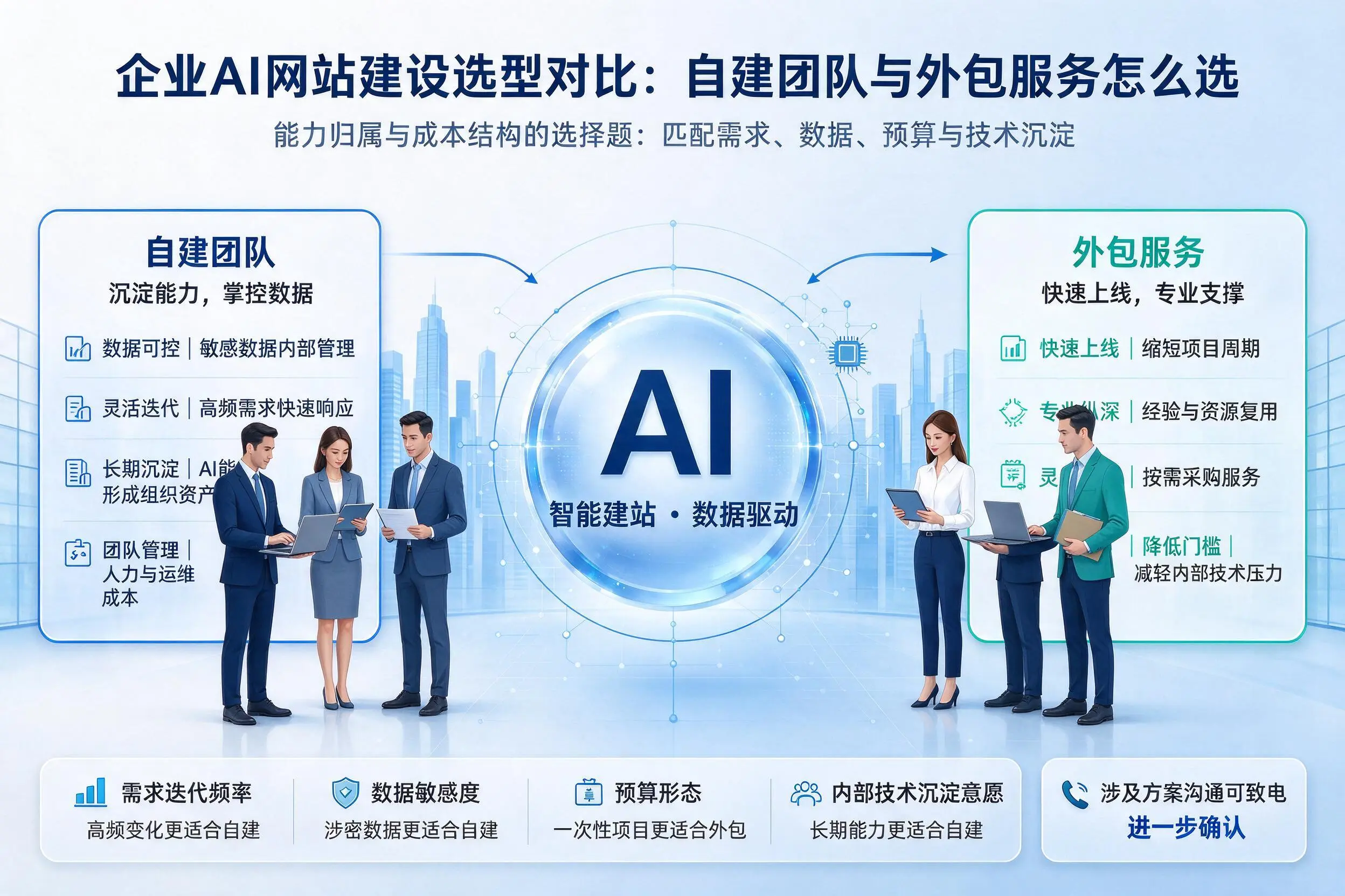 内江企业AI网站建设选型对比:自建团队与外包服务怎么选